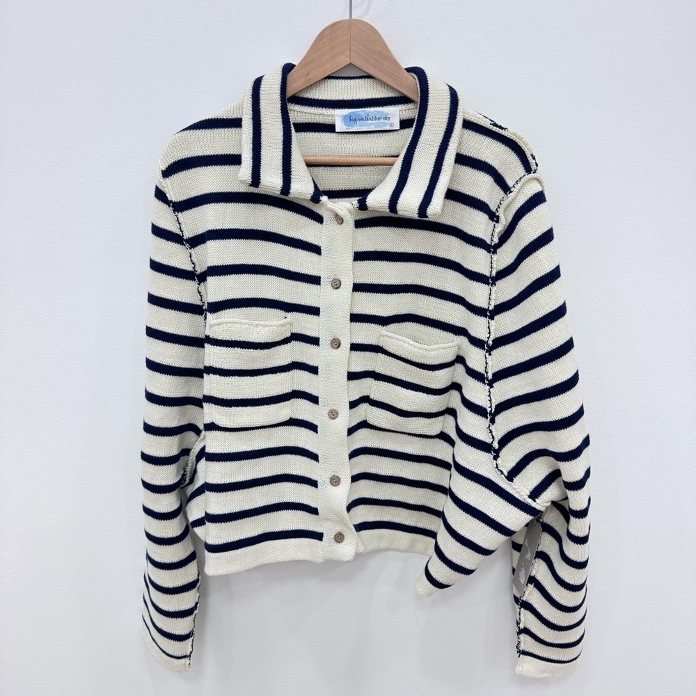 Big Water Blue Sky Lizard Thicket Hattie Navy blue strips Sweater Cardigan Sz Lg - Picture 5 of 7